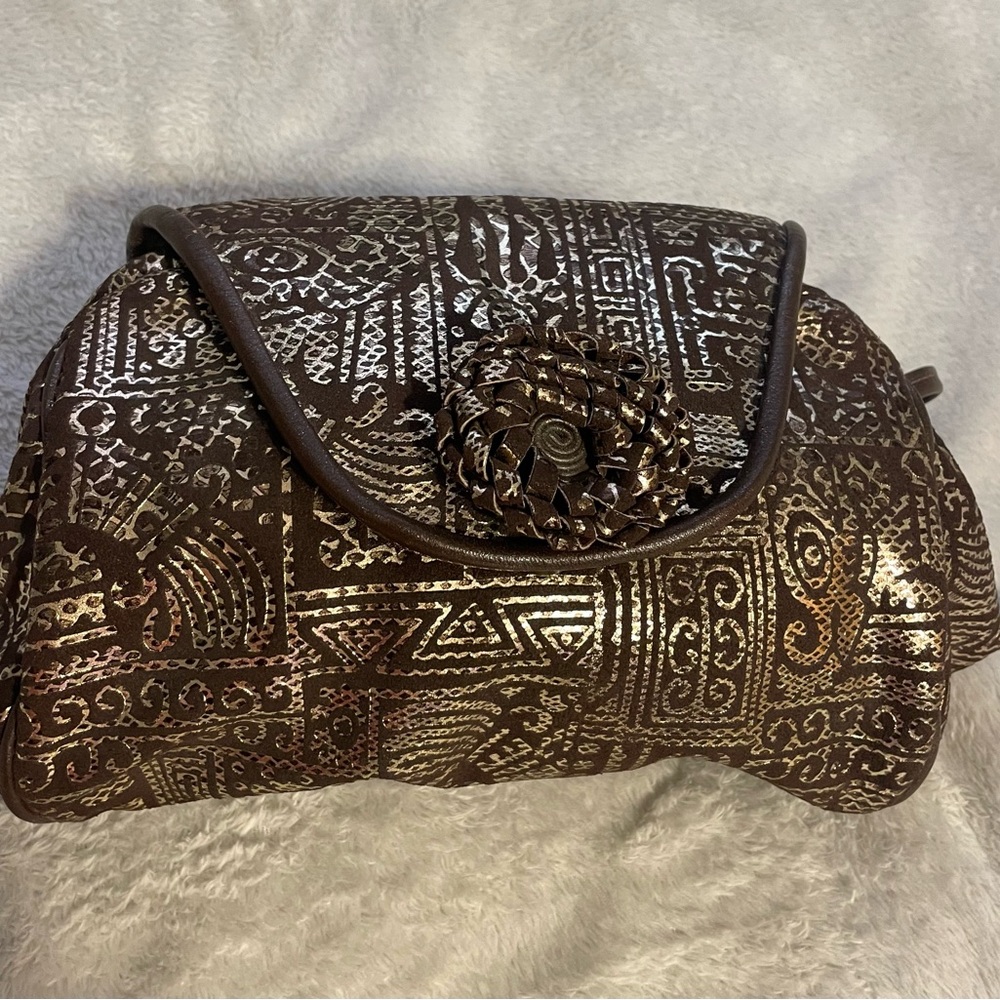 Manolucci Vintage Brown Gold Metallic Leather Crossbody Purse Clutch Bag